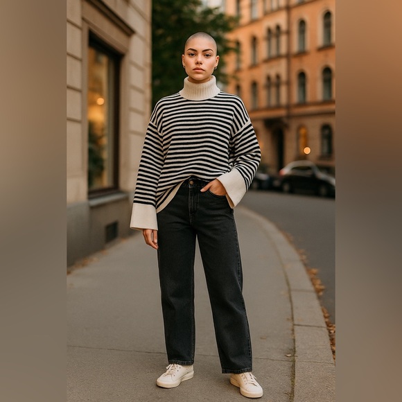 Women’s Wool Oversized Mock-Turtleneck Sweater Minimalist Black crean Striped M - Picture 1 of 10